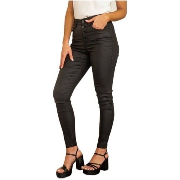KanCan Pants - Kancan Pants Black High Rise Button Fly Coated Skinny Style Stretch Mobwife 31